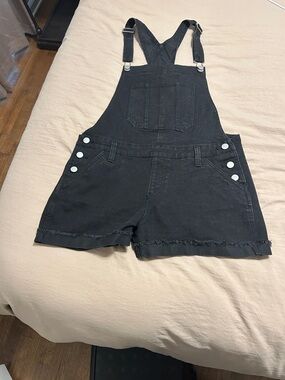 NOBO Black Denim Short Overalls with Frayed Hem